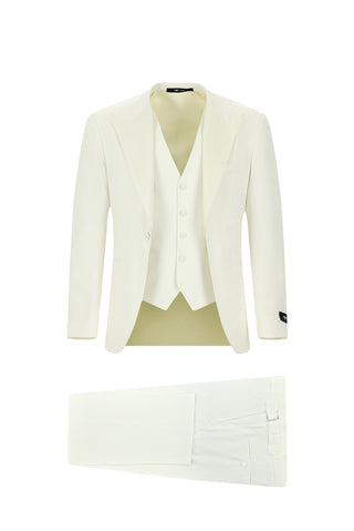  Krem 7 Drop Slim Fit Dar Kesim Sivri Yaka Yelekli Smokin & Damatlık