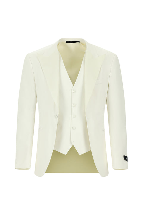 Krem 7 Drop Slim Fit Dar Kesim Sivri Yaka Yelekli Smokin & Damatlık