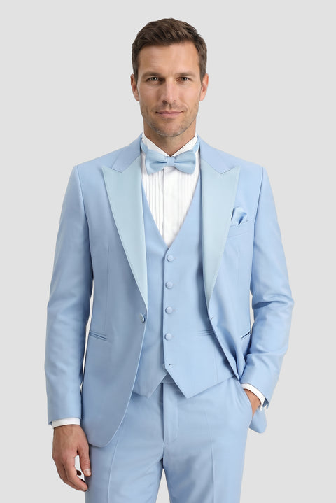 Light Blue 7 Drop Slim Fit Narrow Cut Pointed Collar Vest Tuxedo & Groom Suit