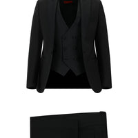 Siyah 7 Drop Slim Fit Dar Kesim Sivri Yaka Yelekli Yünlü Smokin & Damatlık