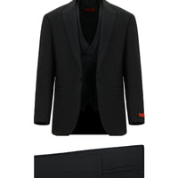 Black 6-Drop Regular Fit Standard Cut Wool-Fabric Tuxedo & Groom Suit with Pointed Collar Vest