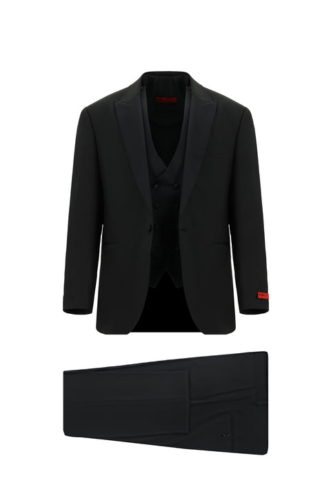 Black 6-Drop Regular Fit Standard Cut Wool-Fabric Tuxedo & Groom Suit with Pointed Collar Vest
