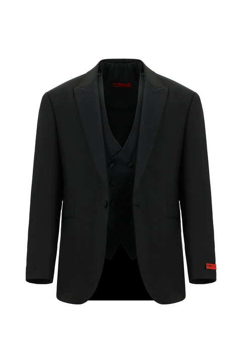 Black 6-Drop Regular Fit Standard Cut Wool-Fabric Tuxedo & Groom Suit with Pointed Collar Vest