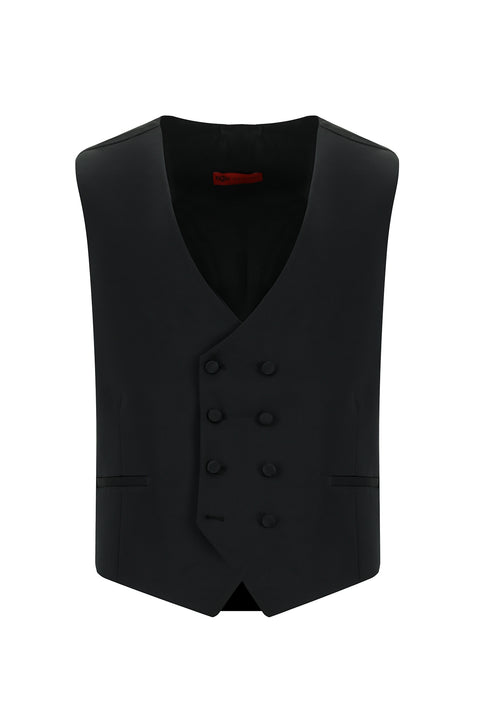 Black 6-Drop Regular Fit Standard Cut Wool-Fabric Tuxedo & Groom Suit with Pointed Collar Vest