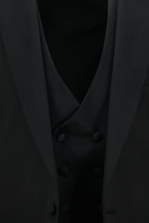 Black 6-Drop Regular Fit Standard Cut Wool-Fabric Tuxedo & Groom Suit with Pointed Collar Vest