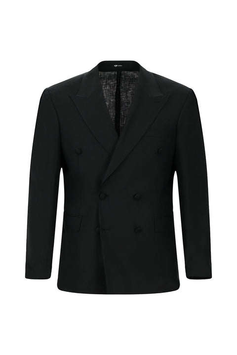Black 6 Drop Verona Soft Oversize Fit Slightly Oversize Cut Pointed Collar Double-Breasted Linen Tuxedo & Groom Suit