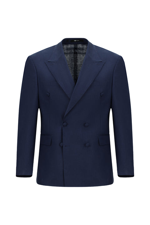 Dark Navy 8 Drop Muscle Fit Long Athletic Cut Pointed Collar Double-Breasted Straight Linen Blend Tuxedo & Groom Suit