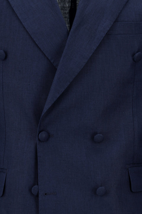 Dark Navy 8 Drop Muscle Fit Long Athletic Cut Pointed Collar Double-Breasted Straight Linen Blend Tuxedo & Groom Suit