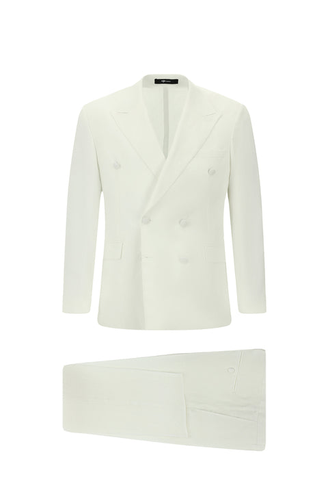 White 6 Drop Verona Soft Oversize Fit Slightly Oversize Cut Pointed Collar Double-Breasted Linen Tuxedo & Groom Suit