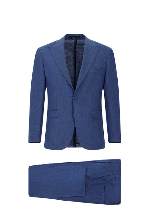 Medium Navy 6 Drop Regular Fit Standard Cut Pointed Collar Linen Tuxedo & Groom Suit