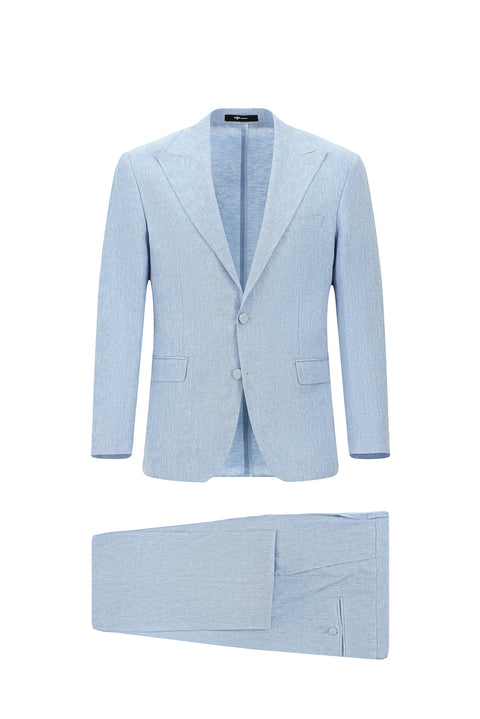 Light Blue 8 Drop Muscle Fit Long Athletic Cut Pointed Collar Linen Blend Tuxedo & Groom Suit