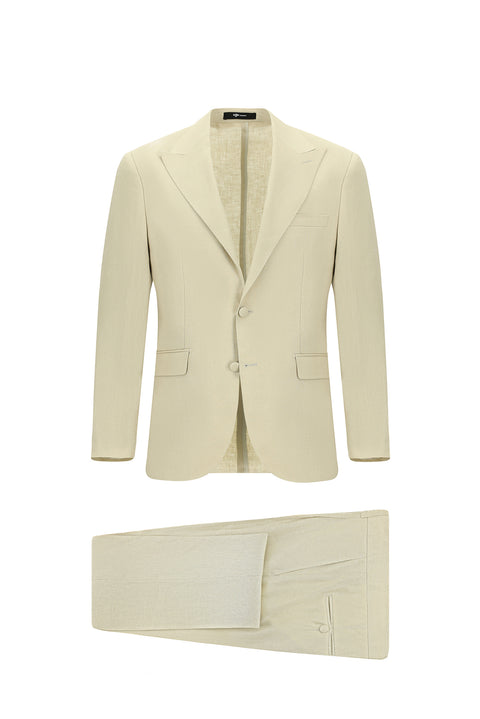 Light Beige 6 Drop Regular Fit Standard Cut Pointed Collar Linen Tuxedo & Groom Suit