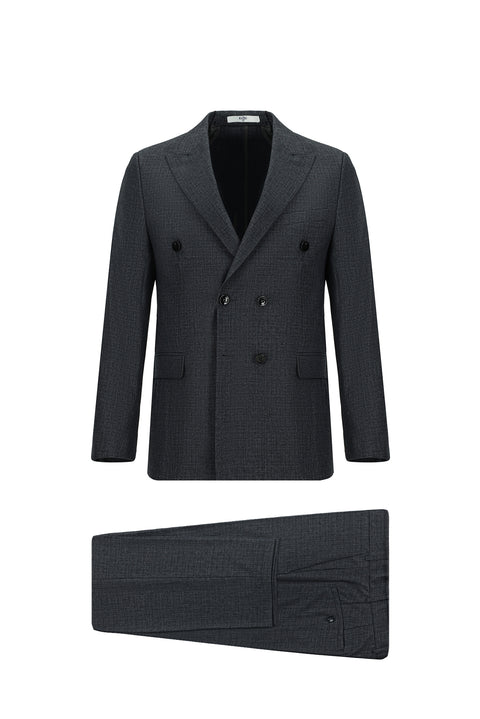 Dark Gray 7 Drop Slim Fit Patterned Double-Breasted Suit