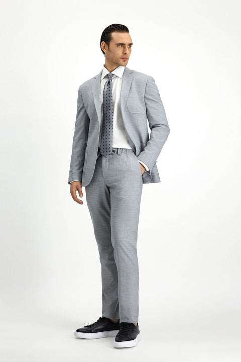 Açık Gri 7 Drop Super Slim Fit Eksra Dar Kesim Desenli Beli Lastikli İpli Takım Elbise