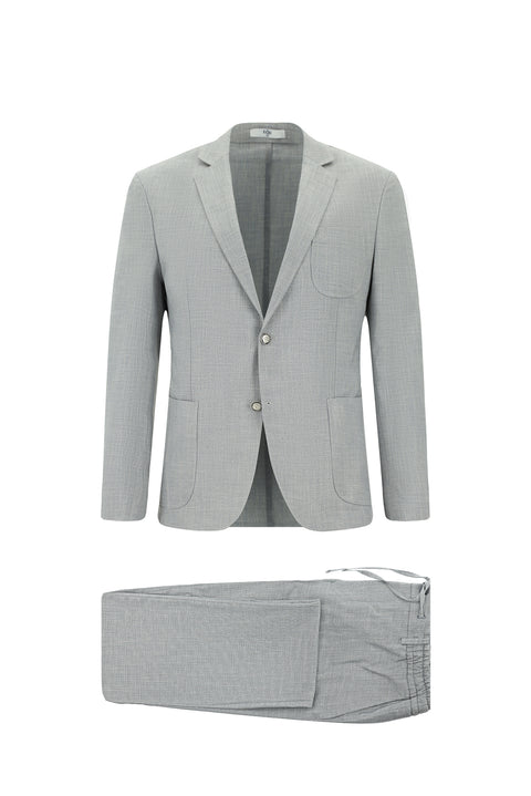 Açık Gri 7 Drop Super Slim Fit Eksra Dar Kesim Desenli Beli Lastikli İpli Takım Elbise