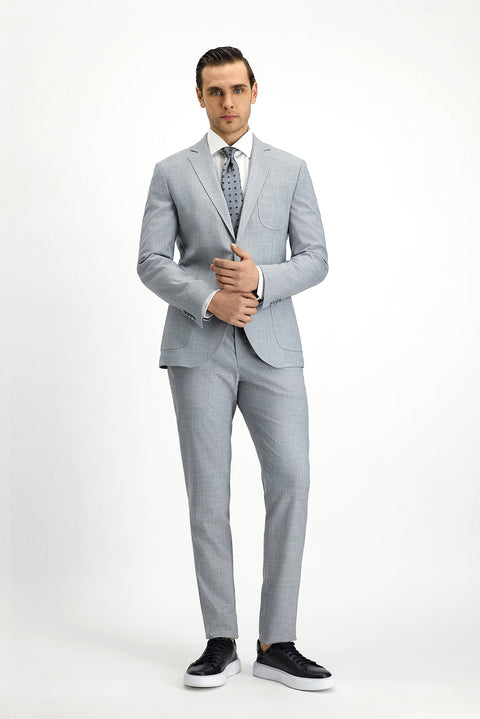 Açık Gri 7 Drop Super Slim Fit Eksra Dar Kesim Desenli Beli Lastikli İpli Takım Elbise