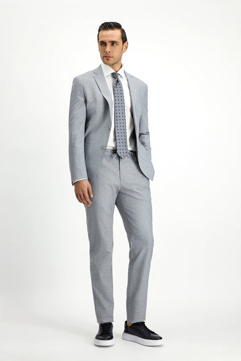 Açık Gri 7 Drop Super Slim Fit Eksra Dar Kesim Desenli Beli Lastikli İpli Takım Elbise