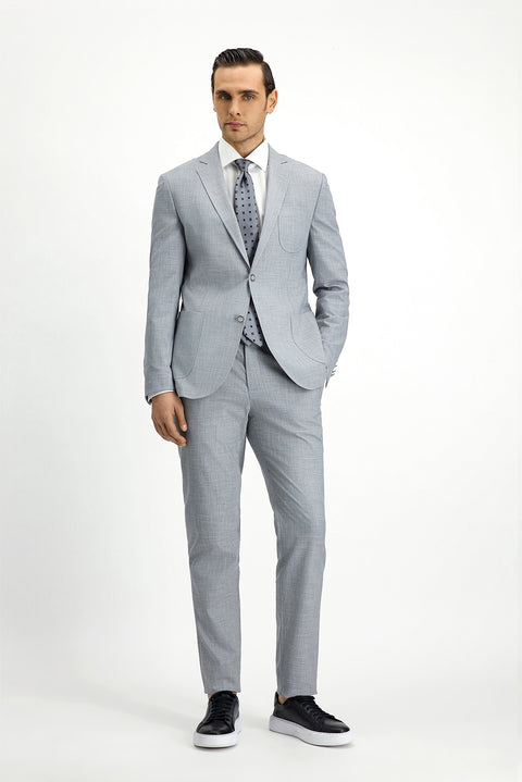 Açık Gri 7 Drop Super Slim Fit Eksra Dar Kesim Desenli Beli Lastikli İpli Takım Elbise