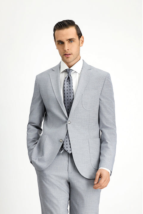Açık Gri 7 Drop Super Slim Fit Eksra Dar Kesim Desenli Beli Lastikli İpli Takım Elbise