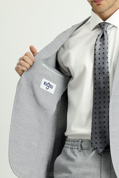 Açık Gri 7 Drop Super Slim Fit Eksra Dar Kesim Desenli Beli Lastikli İpli Takım Elbise