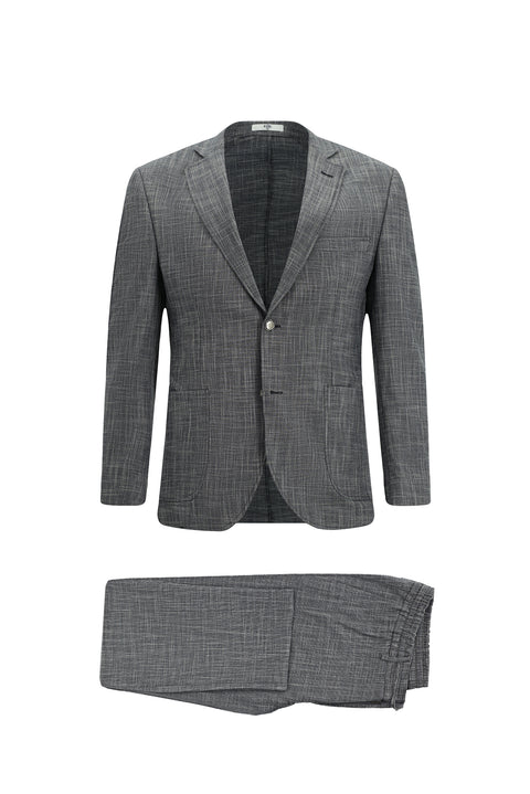 Koyu Lacivert 7 Drop Super Slim Fit Eksra Dar Kesim Desenli Beli Lastikli İpli Takım Elbise