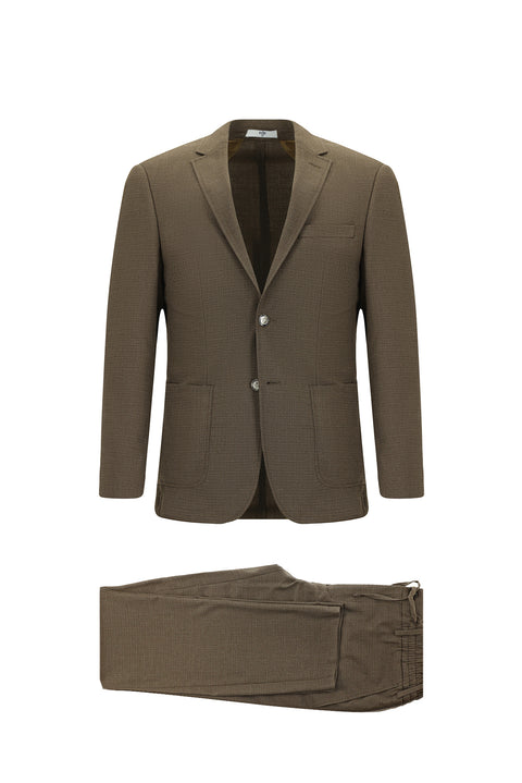 Orta Kahve 7 Drop Super Slim Fit Eksra Dar Kesim Desenli Beli Lastikli İpli Spor Takım Elbise