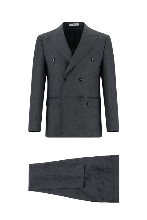 Dark Gray 7 Drop Slim Fit Patterned Double-Breasted Suit