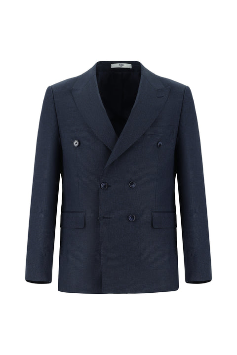 Dark Navy 7 Drop Slim Fit Patterned Double-Breasted Suit