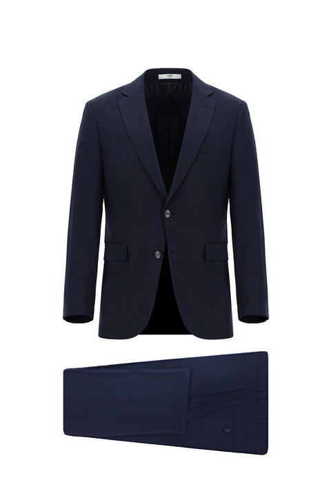 Koyu Lacivert 6 Drop Regular Fit Standart Kesim Yünlü Desenli Takım Elbise