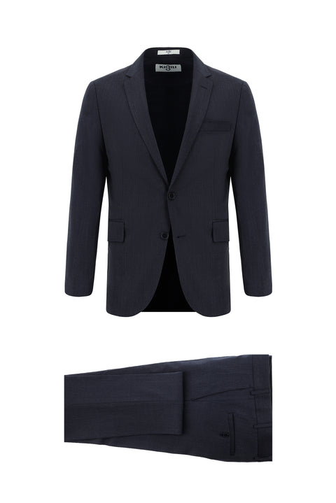 Koyu Lacivert 7 Drop Slim Fit Dar Kesim Yünlü Desenli Takım Elbise