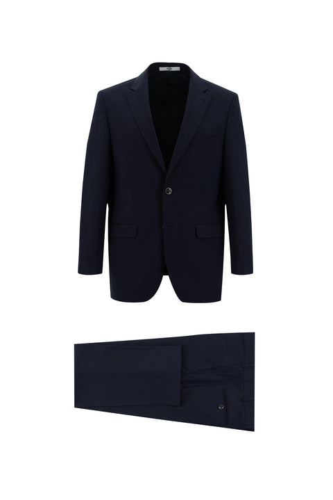 Dark Navy 4-Drop Relaxed Fit Wool Patterned Suit