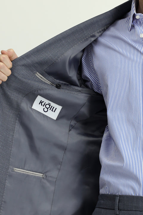 Medium Gray 4-Drop Relaxed Fit Patterned Suit with Elastic Waistband