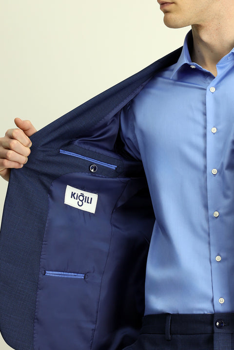 Medium Navy 7 Drop Slim Fit Patterned Suit with Elastic Waistband