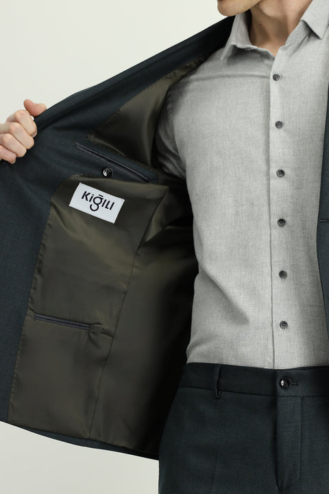 Dark Green 4-Drop Relaxed Fit Patterned Suit with Elastic Waist
