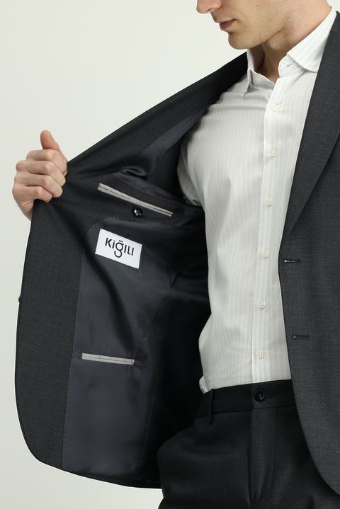 Dark Anthracite 7 Drop Slim Fit Patterned Suit with Elastic Waistband