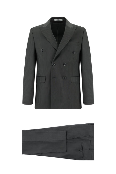 Orta Füme 7 Drop Slim Fit Dar Kesim Çizgili Kruvaze Takım Elbise