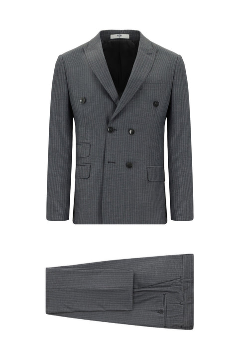 Dark Gray 6-Drop Regular Fit Standard Cut Striped Double-Breasted Suit