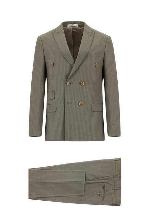 Light Brown 7 Drop Super Slim Fit Extra Narrow Cut Striped Double-Breasted Suit