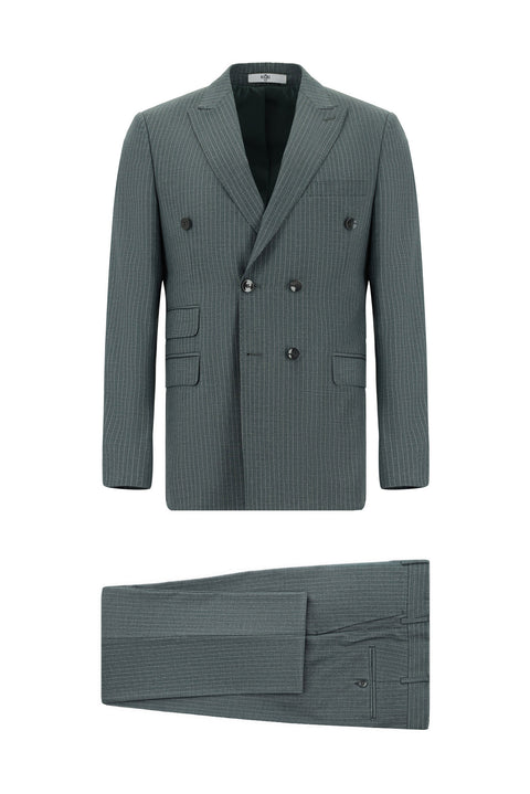 Petrol Green 6 Drop Regular Fit Standard Cut Striped Double-Breasted Suit