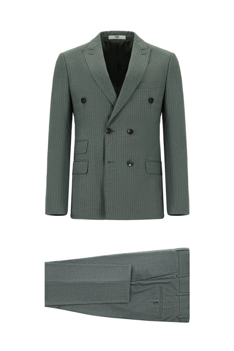 Dark Green 6 Drop Regular Fit Standard Cut Striped Double-Breasted Suit