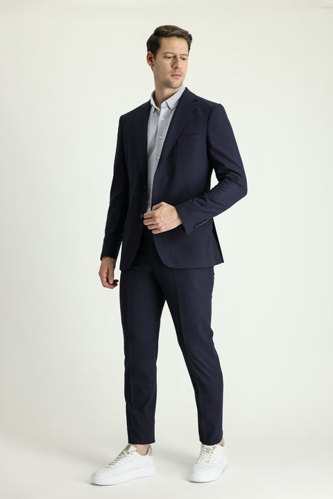 Dark Navy 8-Drop Muscle Fit Long Athletic Cut Striped Suit