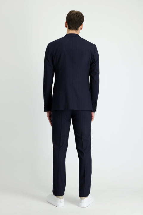 Dark Navy 8-Drop Muscle Fit Long Athletic Cut Striped Suit