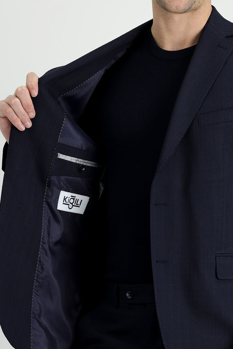 Dark Navy 8-Drop Muscle Fit Long Athletic Cut Striped Suit