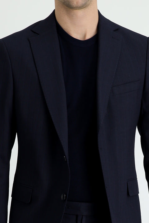 Dark Navy 8-Drop Muscle Fit Long Athletic Cut Striped Suit