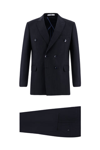  Koyu Lacivert 7 Drop Slim Fit Dar Kesim Kruvaze Çizgili Takım Elbise