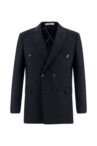  Koyu Lacivert 7 Drop Slim Fit Dar Kesim Kruvaze Çizgili Takım Elbise