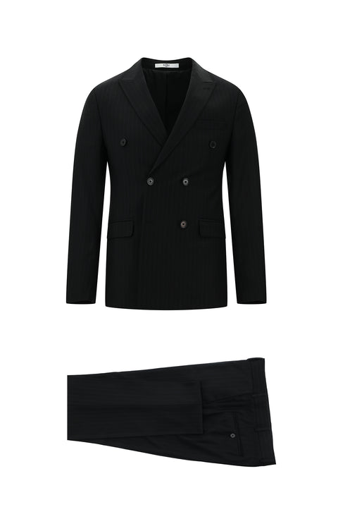 Koyu Antrasit 7 Drop Super Slim Fit Eksra Dar Kesim Kruvaze Çizgili Takım Elbise