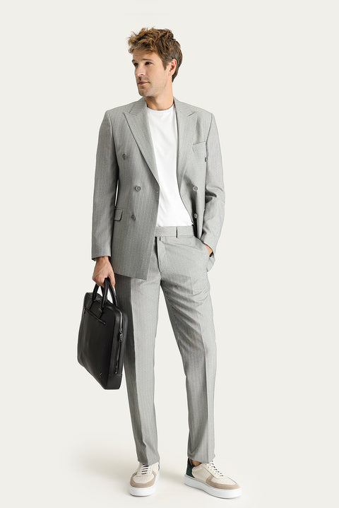 Medium Grey 7 Drop Slim Fit Double-Breasted Striped Suit