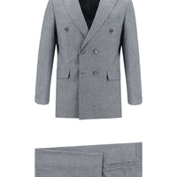 Orta Füme 7 Drop Slim Fit Dar Kesim Kruvaze Çizgili Takım Elbise