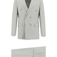 Light Beige 7 Drop Slim Fit Narrow Cut Double-Breasted Striped Suit